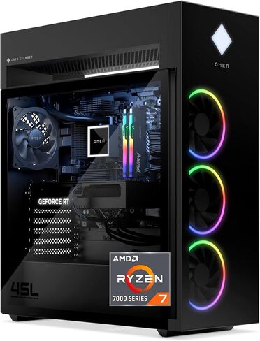 كمبيوتر مكتبي للألعاب HP OMEN 45L، AMD Ryzen 7 7700X، ذاكرة الوصول العشوائي 16 جيجابايت، محرك أقراص الحالة الصلبة 1 تيرابايت، رسومات NVIDIA GeForce RTX 4070، Windows 11 Pro، GT22-1150 (2023) in Kuwait