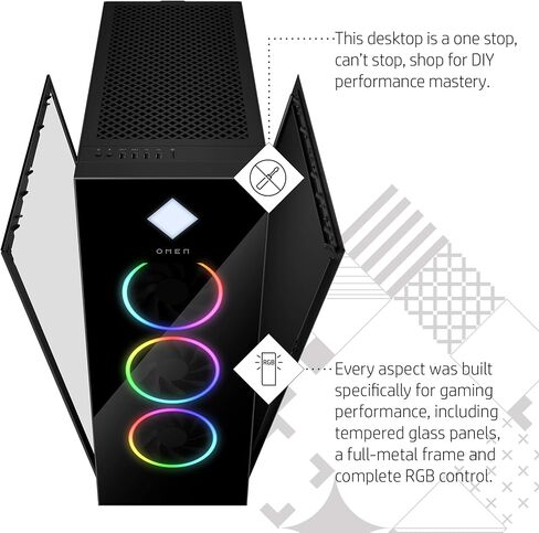 كمبيوتر مكتبي للألعاب HP OMEN 45L، AMD Ryzen 7 7700X، ذاكرة الوصول العشوائي 16 جيجابايت، محرك أقراص الحالة الصلبة 1 تيرابايت، رسومات NVIDIA GeForce RTX 4070، Windows 11 Pro، GT22-1150 (2023) in Kuwait