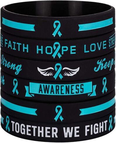 Sainstone 12-Pack Teal Awareness Ribbon Silicone الأساور مع مقولة ملهمة للرجال والنساء - بالجملة السائبة السرطان والتسبب في هدايا الأساور المطاطية الشريطية، هدايا ومستلزمات الحفلات in Saudi Arabia
