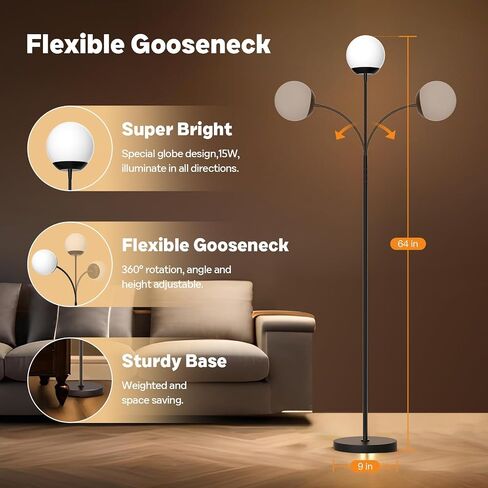 Dimmable Floor Lamp with Remote, Black Standing Lamp Arched,Modern Floor Lamps for Bedrooms,15W LED Adjustable,Tall,Black,Gooseneck in Kuwait