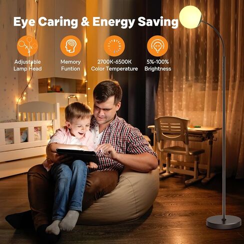 Dimmable Floor Lamp with Remote, Black Standing Lamp Arched,Modern Floor Lamps for Bedrooms,15W LED Adjustable,Tall,Black,Gooseneck in Kuwait