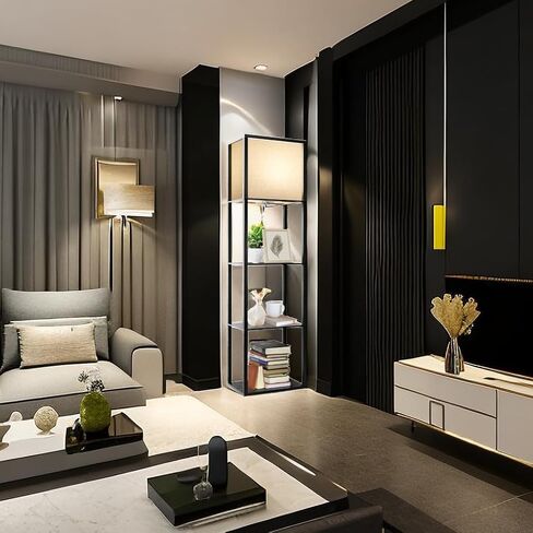 مصباح أرضي مع أرفف إضافية، شاحن لاسلكي، منافذ شحن USB ونوع C، 2 منافذ طاقة تيار متردد، 3 ألوان CCT قابلة للاختيار، مصباح زاوية 4 طبقات 15 وات، مصباح أرضي لغرفة المعيشة، غرفة النوم، خشب الجوز in Kuwait