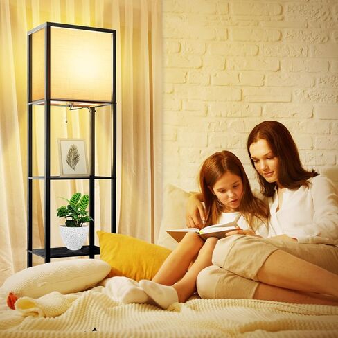 مصباح أرضي مع أرفف إضافية، شاحن لاسلكي، منافذ شحن USB ونوع C، 2 منافذ طاقة تيار متردد، 3 ألوان CCT قابلة للاختيار، مصباح زاوية 4 طبقات 15 وات، مصباح أرضي لغرفة المعيشة، غرفة النوم، خشب الجوز in Kuwait