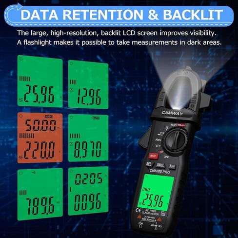CAMWAY Clamp Meter,Digital Clamp Multimeter,TRMS 6000counts 600A AC/DC Current, AC/DC Voltage NCV Continuity Capacitance Resistance Frequency Diode LOZ Test,Large Backlit LCD Portable Amp Clamp Tester in Saudi Arabia