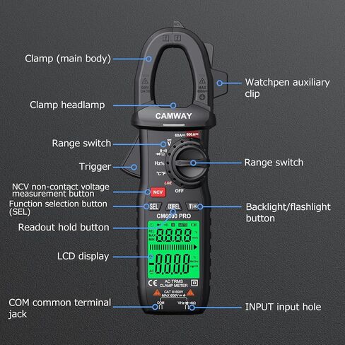 CAMWAY Clamp Meter,Digital Clamp Multimeter,TRMS 6000counts 600A AC/DC Current, AC/DC Voltage NCV Continuity Capacitance Resistance Frequency Diode LOZ Test,Large Backlit LCD Portable Amp Clamp Tester in Saudi Arabia