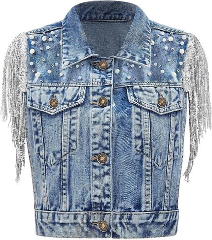 Women's Pearls Beading Denim Vest Sleeveless Sequin Fringe Jean Vest Casual Vintage Crop Top Vest in Saudi Arabia