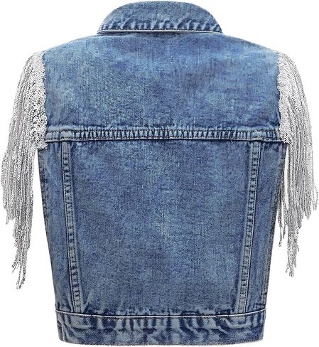 Women's Pearls Beading Denim Vest Sleeveless Sequin Fringe Jean Vest Casual Vintage Crop Top Vest in Saudi Arabia