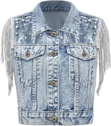 Women's Pearls Beading Denim Vest Sleeveless Sequin Fringe Jean Vest Casual Vintage Crop Top Vest in Saudi Arabia