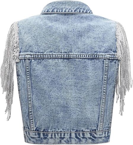 Women's Pearls Beading Denim Vest Sleeveless Sequin Fringe Jean Vest Casual Vintage Crop Top Vest in Saudi Arabia
