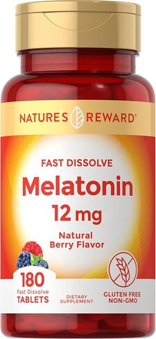 Nature's Reward Melatonin 12mg Fast Dissolve - 180 Tablets - Natural Berry Flavor - Vegetarian, Non-GMO & Gluten Free Supplement in Kuwait