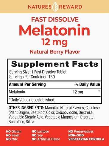 Nature's Reward Melatonin 12mg Fast Dissolve - 180 Tablets - Natural Berry Flavor - Vegetarian, Non-GMO & Gluten Free Supplement in Kuwait