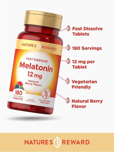 Nature's Reward Melatonin 12mg Fast Dissolve - 180 Tablets - Natural Berry Flavor - Vegetarian, Non-GMO & Gluten Free Supplement in Kuwait