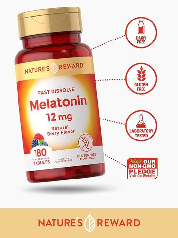 Nature's Reward Melatonin 12mg Fast Dissolve - 180 Tablets - Natural Berry Flavor - Vegetarian, Non-GMO & Gluten Free Supplement in Kuwait