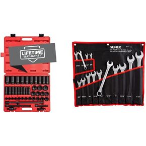 Sunex 2568, 1/2 Inch Drive Master Impact Socket Set, 43-Piece & SAE Combination Wrench Set, 14 Piece