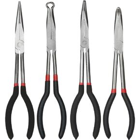 4 Pack Long Needle Nose Pliers Set, 11 inch Long Reach Pliers, Straight Long Needle Nose Pliers, 45 & 90 Degree Angle Curved Needle Nose Pliers,Spark Plug Removal Tool