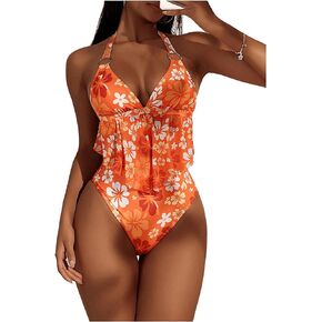 WDIRARA Women's One Piece Halter V Neck Triangle Swimsuit Backless High Waist Tie Back Boho Bikini