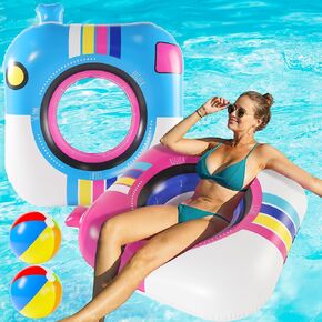 FindUWill Inflatable Pool Floats Tube, 2 Pack 42'' Large Pool Float Swimming Ring with 2Pcs Beach Balls, Camera Pool Toys Pool Floaties for Adult Funny, Summer Party Decoration Supplies(Blue & Pink)