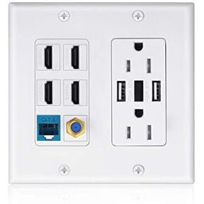 USB Outlet Wallplate,15A 2 Power with Dual 3.6A USB Charger Port Wall Plate with LED Lighting, 4 HDMI HDTV + 1 CAT6 RJ45 Ethernet + Coaxial Cable TV F Type Keystone Face Plate White in Kuwait
