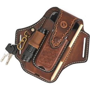 Tourbon Leather Cell Phone Holster Pouch Case Tool Multitool Sheath Flashlight Slot Holder & Keychain Clip with Magnetic Closure for Belt