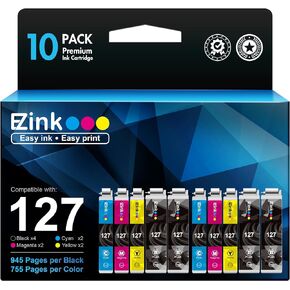 E-Z Ink (TM Remanufactured Ink Cartridges Replacement for Epson 127 T127 to use with NX530 625 WF-3520 WF-3530 WF-3540 WF-7010 WF-7510 7520 545 645 (4 Large Black, 2 Cyan, 2 Magenta, 2 Yellow) 10Pack