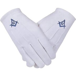 Masonic regalia Blue lodge square and compass with G Machine Embroidered 100% Cotton Gloves, White.