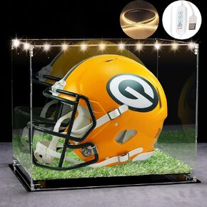 Football Helmet Display Case Full Size with 3 Modes LED Lights, Mirrored Back, Acrylic Dust and UV Protection Display Case with Black Base and Gold Risers - Ideal for Sports Memorabilia