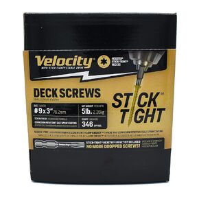 Velocity 9 x 3 inch Deck Screws, Self Tapping Exterior Wood Screws, tan Rust Resistant Coating, Premium Stick-Tight Hexstix T25 Star Bit, 3 inch Deck Screws 5 lb Box (350qty Outdoor Deck Screws)