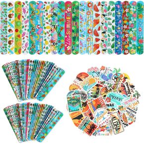 Kolewo4ever 400 Pieces Hawaii Gifts Set:200 Pieces Hawaii Theme Slap Bracelets Flamingos Beaches Slap Bracelets 200 Pieces Hawaii Stickers for Luau Tropical Gifts Party Favors (Hawaii)