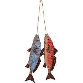 K KILIPES Wood Fish Decor Ornament Wall Hanging Wood Fish Decorations for Home Nautical Wood Fish Wall Decor Distressed Hand Painted Fish Decor2pcs (Blue red)