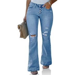 Beautife Womens Plus Size Jeans Bell Bottom High Waisted Wide Leg Ripped Stretch Denim Pants with Pockets