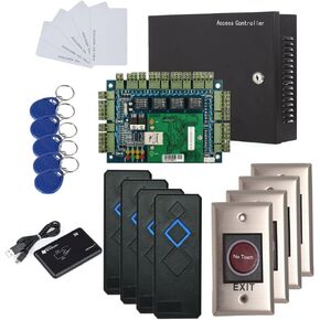 4 Doors Security Access Control Systems with RFID Keypad Reader+Infrared Exit Button+Metal Case 110V-240V Power Box+USB Enroll Reader+RFID Cards/Key Fobs TCP/IP Based Phone APP remotely Open Door