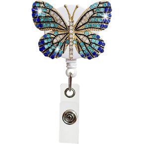 Crystal Blue Butterfly Rhinestones Retractable Badge Reel, Bling Diamond Nurse Badge Holder Reels with Swivel Alligator Clip Badge Holders for Teachers Students Volunteers Employees