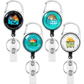 HASFINE 4 Pack Funny Dumpster Fire Badge Reel Retractable, I'm Fine, It's Fine ID Badge Holder with Heavy Duty Carabiner and Clip Keyring for Office Staff, Nurses, Teachers, and Students