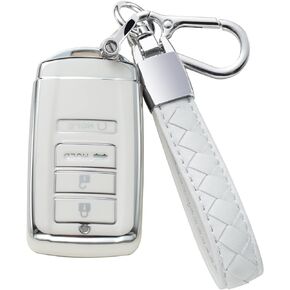 Compatible with Acura Key Fob Cover with Leather Lanyard, Car Key Case Shell Protection for Acura CDX RDX RLX NSX TLX TLX-L Smart Remote Key Holder,White