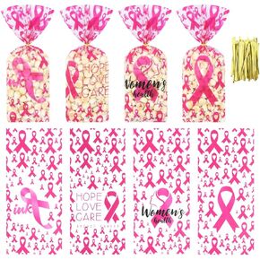 Apol Pink Ribbon Cellophane Treat Bags with Twist Ties,100 PCS Breast Cancer Awareness Gift Bag Hope Courage Love Goodie Bags for Women Breast Cancer Awareness Month Activity Charity Party Supplies