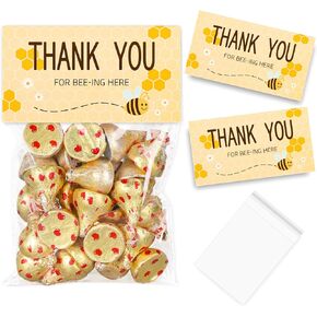 JarThenaAMCS 50Pcs Bee Self-Adhesive Cellophane Treat Bags with Toppers Thank You for Bee-ing Here Candy Cello Bags Cute Bee Party Favor Bags for Baby Shower Gender Reveal Birthday
