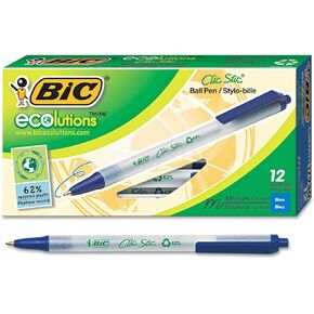 BIC Ecolutions Clic Stic Blue Ballpoint Pens, Medium Point (1.0mm), 12-Count Pack, Retractable Ball Point Pens Made from 78% Recycled Plastic