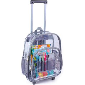 COVAX Rolling Clear Backpack, Heavy Duty See Through Bookbag, Transparent PVC Cold-resistant Backpack with Wheels (Grey)