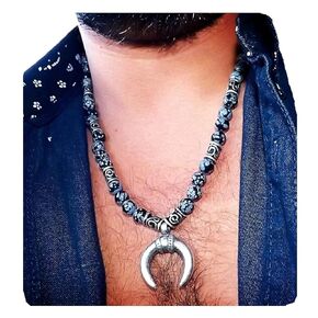 Moon Pendant - Men necklace - Moon necklace - Snowflake Beads - Men Neckless - Gift for men - Long necklace - Men jewelry Half Moon Pendant