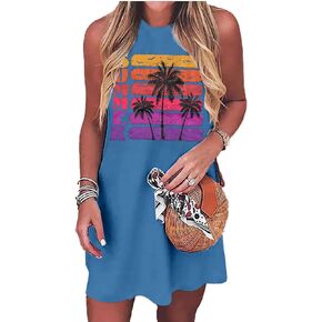 LUKYCILD Summer Dresses for Women 2024: Tropical Beach Tank Dress Vacation Coconut Tree Graphic Sleeveless Mini Sundress