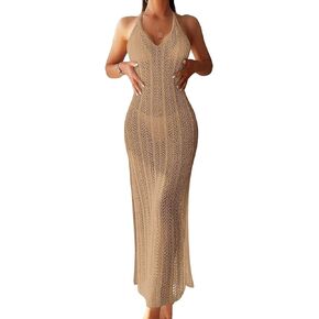 Verdusa Women's Halter Neck Tied Backless Crochet Knitted Bikini Cover Up Dress