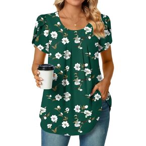 Bestbee Womens Dressy Chiffon Blouses Crew Neck Petal Short Sleeve Shirts 2024 Summer Tops Pleated Tunic Casual T-Shirts