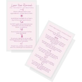 Laser Hair Removal Aftercare Cards | 50 Pack | Size 2x3.5" inch Business Card | Pre and Post Treatment Instructions | Pink Card Design