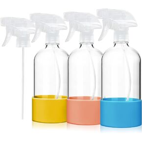 HOOPLE 3Pack Empty Glass Spray Bottles with Silicone Sleeve- Refillable 17oz Containers for Essential Oils, Plants, Cleaning Solutions, Hair Mister-with Mist and Stream Setting (clear)