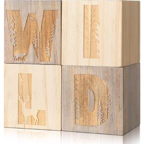 4 Pcs Woodland Nursery Decor Nursery Wooden Decor Wood Shelf Decor Blocks for Bedroom Playroom Gifts Wild Sign Woodland Table Decor Nursery Blocks Woodland Decor for Boys Girls