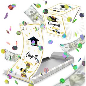 Sirjiera Graduation Explosion Surprise Box, White Graduation Surprise Pop Uup Box, Tear Open Pop Up Box, with Colorful Sequins, Suitable for High School College Graduation Party Favors