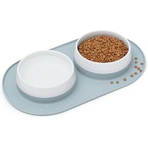 MSBC Ceramic Dog Bowl Set with Silicone Mat Non-Skid Non-Spill, Wide Mouth Dog Feeding Bowl, Food and Water Pet Feeder for Dog Cat Puppy, Feeding Mat with Removable Ceramic Bowl, Dishwasher Safe(Blue)