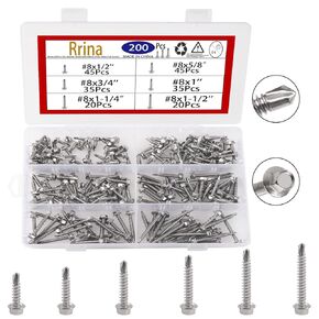200Pcs 410 Stainless Steel Hex Washer Head Self Drilling Sheet Metal Tek Screws Bolt with Drill Point (#10)