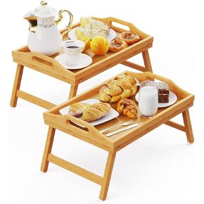 2 Pack Breakfast in Bed Tray for Eating, 16.92 x 12.6 Inch Bed Table Tray with Folding Legs & Handles, Bamboo Food Lap Trays Fits for Adult Kids Eating/TV/Surgery Recovery by Easoger. Set of 2