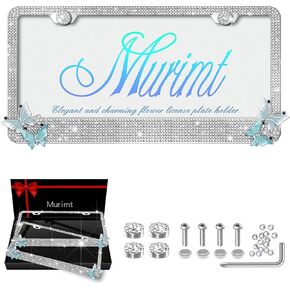 Rhinestone Butterfly License Plate Frames 2 Pack Glitter License Plate Frame Bling License Plate Holder Cover Custom Bedazzled White License Llate Frame- High End Gift Box Packaging